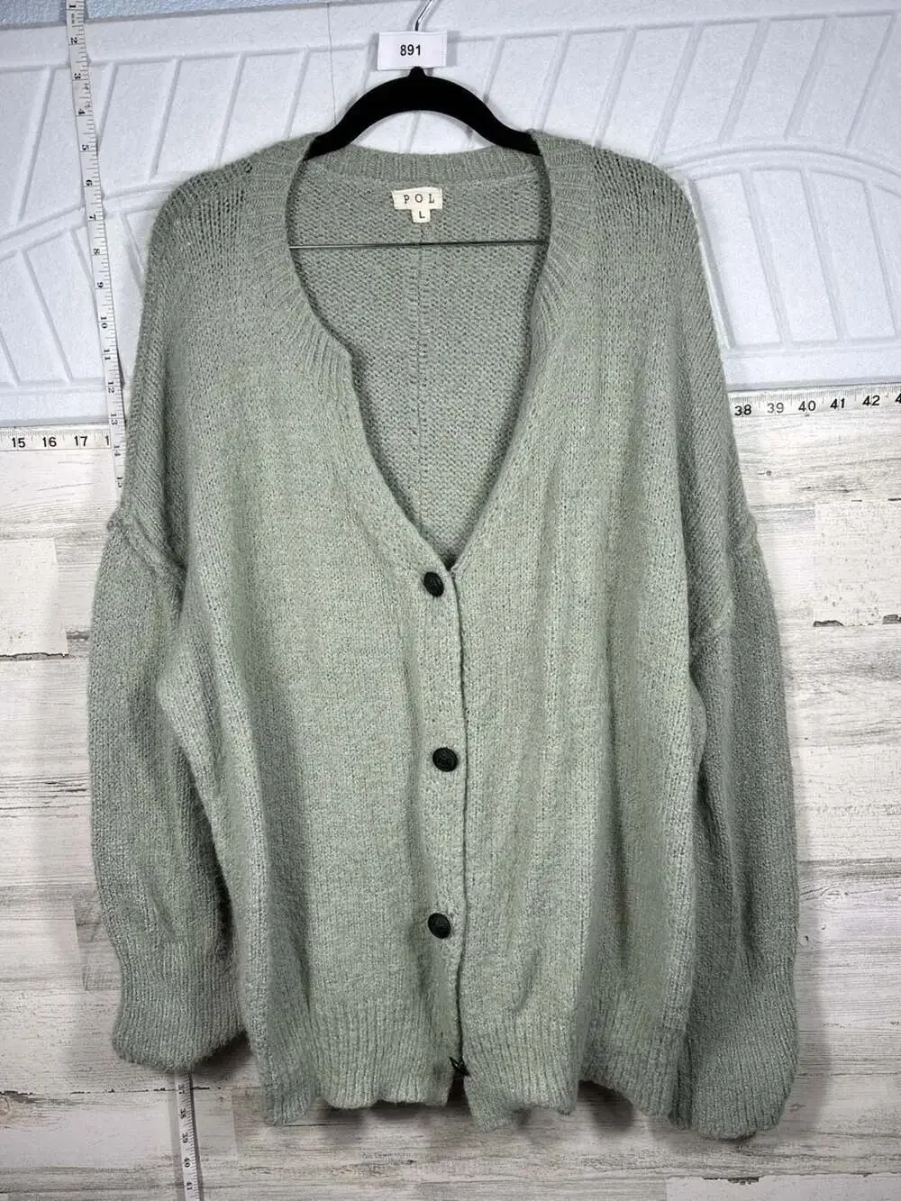 POL Women's Sage Green Oversized V-Neck Button-Front Cardigan Sweater Size L